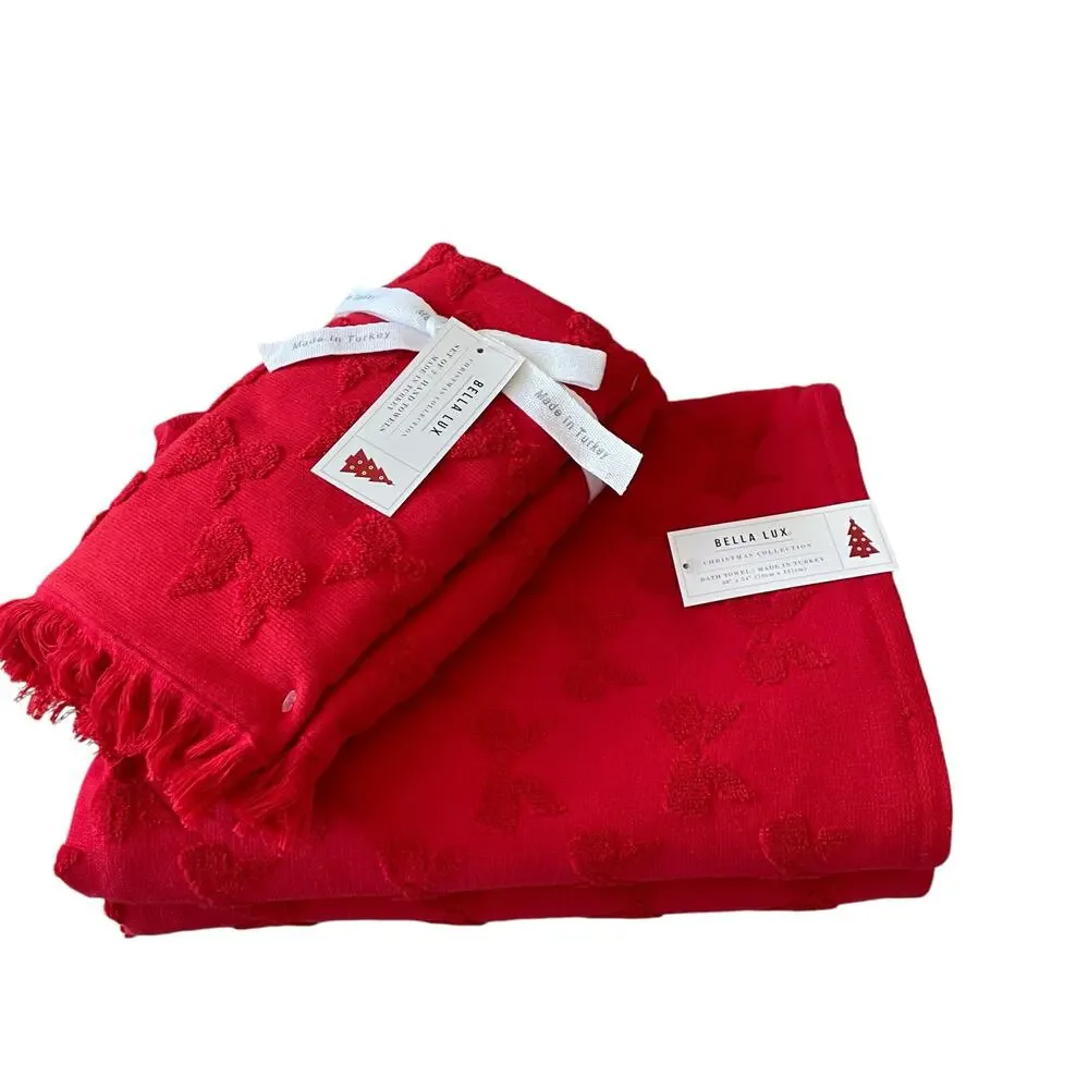 Bella Lux Christmas BOWS Bath Towel Set of 2 Chic Holiday Red Bathroom Decor New